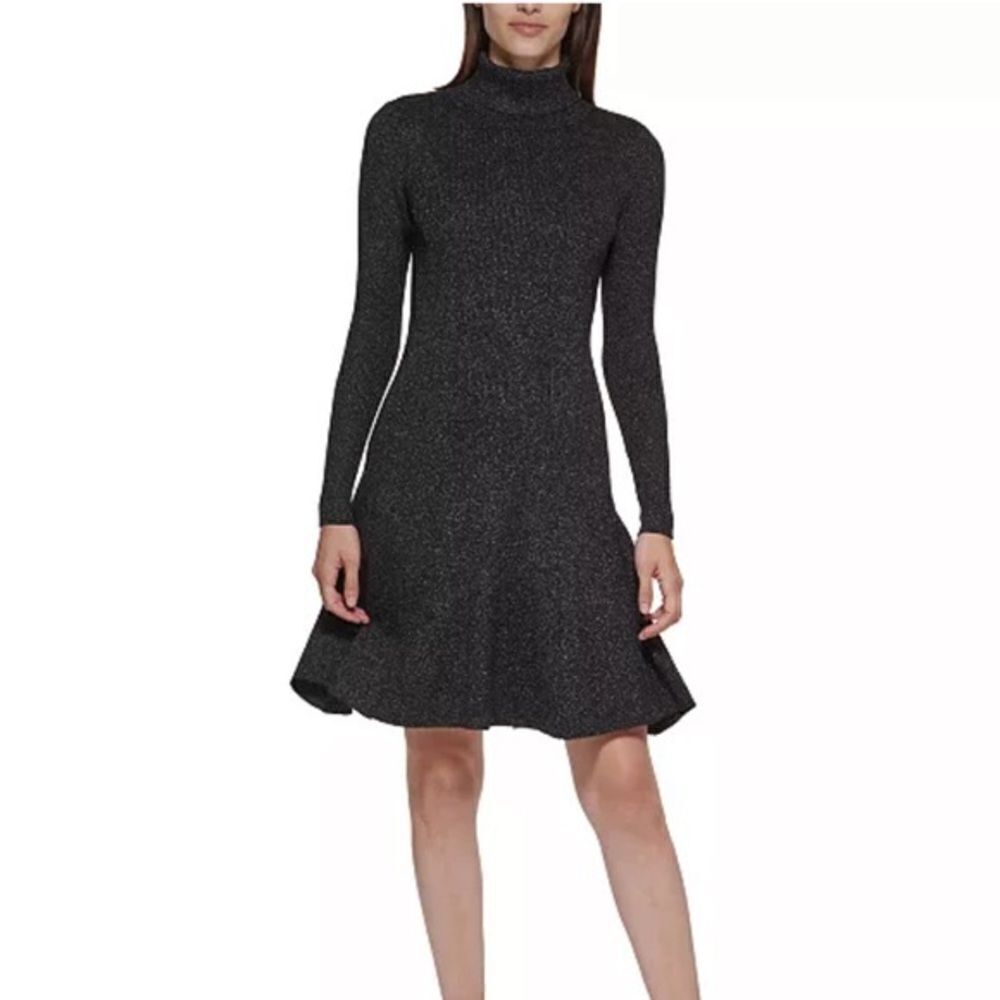 Calvin Klein Dress Women’s XS Metallic Gray Turtleneck Long Sleeve Fit & Flare